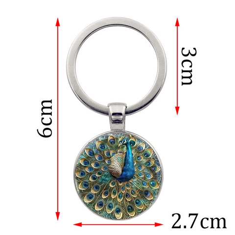 Vintage Peacock Open Tail Time Gem Metal Keychain Round Glass Pendant Zinc Alloy Key Ring For Women Men Bag Charm Decor
