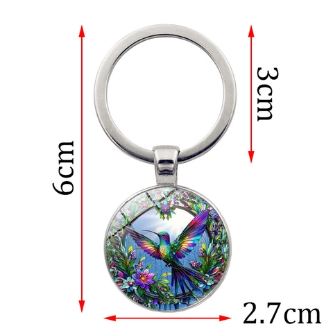 Porte-clés en Métal Gemme du Temps Style Vitrail Colibri Fleur Oiseau Coloré Alliage de Zinc Verre Anneau Clé Pendentif Bijoux Cadeau