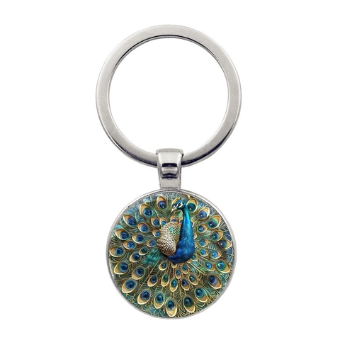 Vintage Peacock Open Tail Time Gem Metal Keychain Round Glass Pendant Zinc Alloy Key Ring For Women Men Bag Charm Decor