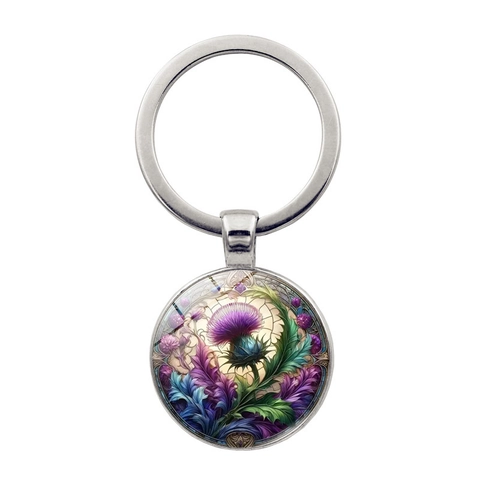 Retro Distel Kunst Glas Cabochon Sleutelhanger Kleurrijke Bloem Zinklegering Metalen Sleutelring Bloemen Hanger Sieraden Decoratie