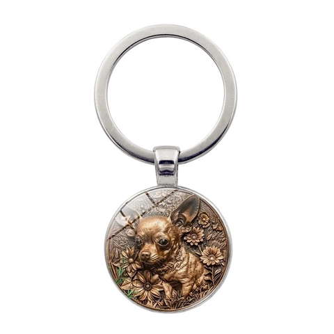 Retro Chihuahua Hund Schlüsselanhänger Vintage Zinklegierung Glas Charm Blumen Geprägt Anhänger Schlüsselring Für Auto Tasche Damen