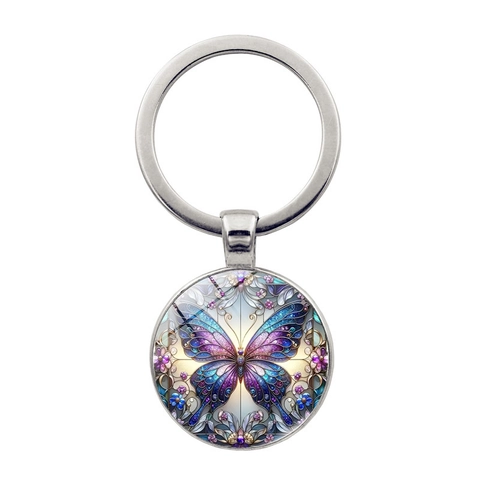 Porte-clés Cabochon en Verre Papillon Vintage en Alliage de Zinc Anneau en Métal Motif Papillon Artistique Bijoux de Sac Cadeau Créatif