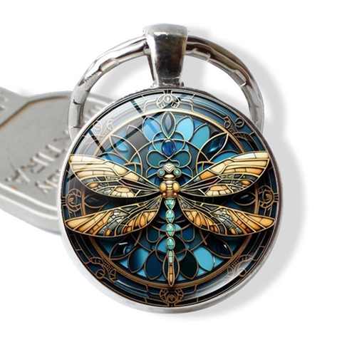 Llavero de Libélula Steampunk Retro de Aleación de Zinc Vidrio Colgante Redondo Joyería de Arte Llavero para Hombres Mujeres Regalo Creativo