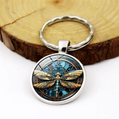 Llavero de Libélula Steampunk Retro de Aleación de Zinc Vidrio Colgante Redondo Joyería de Arte Llavero para Hombres Mujeres Regalo Creativo