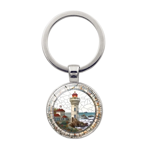 Nautischer Leuchtturm Zeit Edelstein Schlüsselanhänger Vintage Zinklegierung Glas Cabochon Seelandschaft Anhänger Schlüsselring Für Auto Tasche Zubehör