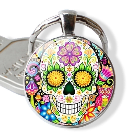 Mexican Sugar Skull Keychain Zinc Alloy Glass Pendant Colorful Floral Key Ring Day Of The Dead Festival Jewelry Gift