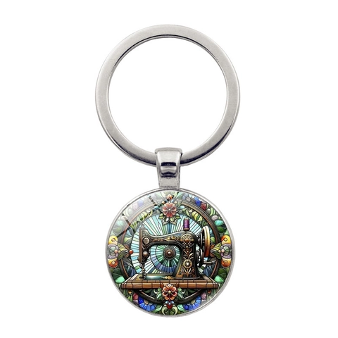Vintage Nähmaschine Zeitstein Schlüsselanhänger Glascabochon Legierung Runder Anhänger Schlüsselring Taschenanhänger Damen Geschenk
