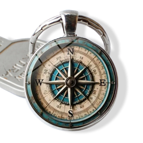 Vintage Nautischer Kompass Muster Schlüsselanhänger Metall Schlüsselring Silber Legierung Glas Cabochon Anhänger Reise Geschenk