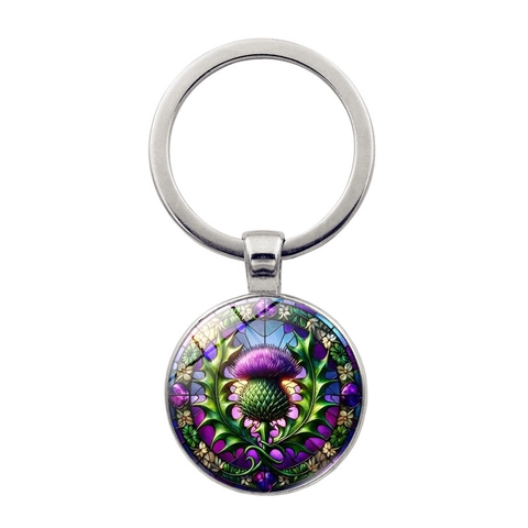 Vintage Schottische Distel Zeitstein Schlüsselanhänger Zinklegierung Retro Violett Glas Cabochon Anhänger Schmuck Geschenk