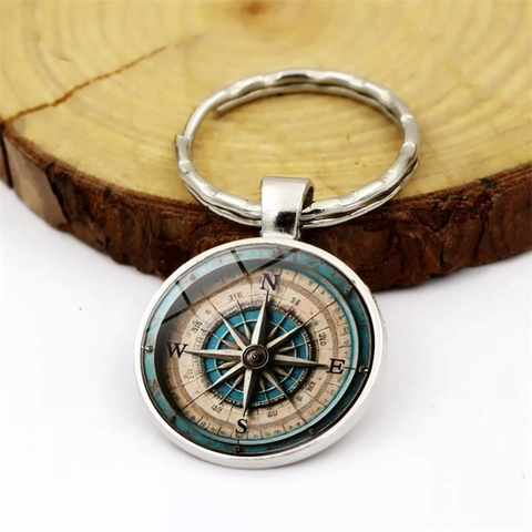 Vintage Nautischer Kompass Muster Schlüsselanhänger Metall Schlüsselring Silber Legierung Glas Cabochon Anhänger Reise Geschenk