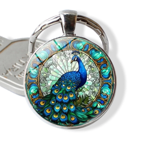 Portachiavi con Gemma del Tempo Motivo Pavone Vintage in Lega di Zinco Anello in Metallo con Ciondolo Cabochon in Vetro Regalo Decorativo