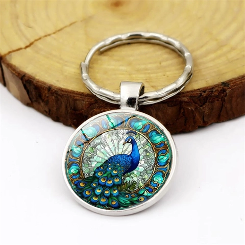 Portachiavi con Gemma del Tempo Motivo Pavone Vintage in Lega di Zinco Anello in Metallo con Ciondolo Cabochon in Vetro Regalo Decorativo