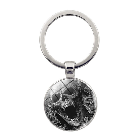 Gothic Punk Halloween Schedel Patroon Metalen Sleutelhanger Ronde Glazen Cabochon Hanger Antiek Brons Zilver Sleutelring
