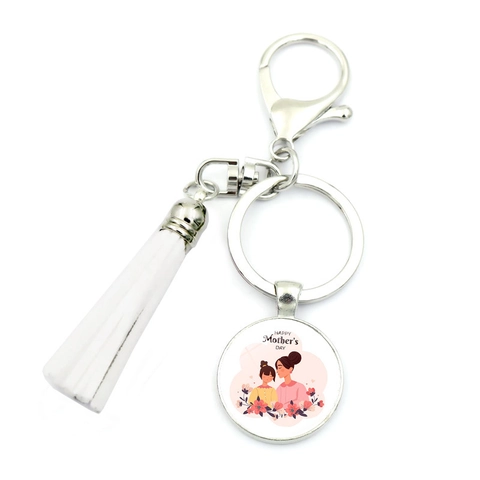 Portachiavi Regalo Festa della Mamma Con Nappina in Camoscio Lega Vetro Cabochon Pendente Love You Mom Per Donna Mamma