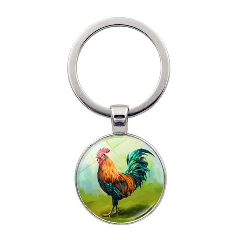 Portachiavi Artistico con Pittura a Olio di Gallo in Lega di Zinco Pendente Tondo in Vetro Portachiavi Argento per Borsa