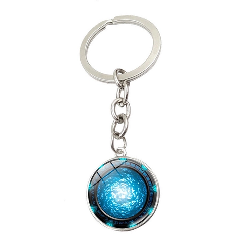 Moderne Sci-Fi Ronde Zinklegering Sleutelhanger Met Glazen Cabochon Ruimte Nevel Vortex Piramide Hanger Voor Tassen
