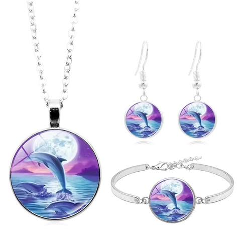 Collezione Gioielli Gemma del Tempo Delfino Luna Oceano Lega Vetro Ciondolo Collana Bracciale Orecchini Gancio Moda Occidentale Regalo Donna