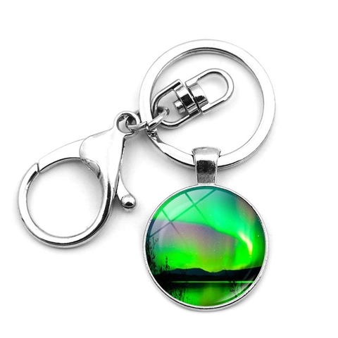 Noorderlicht Aurora Borealis Tijd Edelstein Glas Cabochon Sleutelhanger Zilver Legering Metaal Sleutelhanger Hanger Cadeau Accessoire
