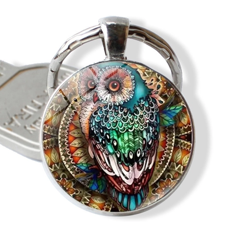 Portachiavi con Cabochon in Vetro a Forma di Gufo Ciondolo in Lega di Zinco Stile Vintage Mandala per Borsa Regalo
