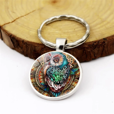 Portachiavi con Cabochon in Vetro a Forma di Gufo Ciondolo in Lega di Zinco Stile Vintage Mandala per Borsa Regalo