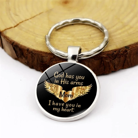 Porte-clés Mémorial Mom Son Cabochon en Verre Ailes d'Ange Cœur Pendentif Alliage de Zinc Cadeau Femme