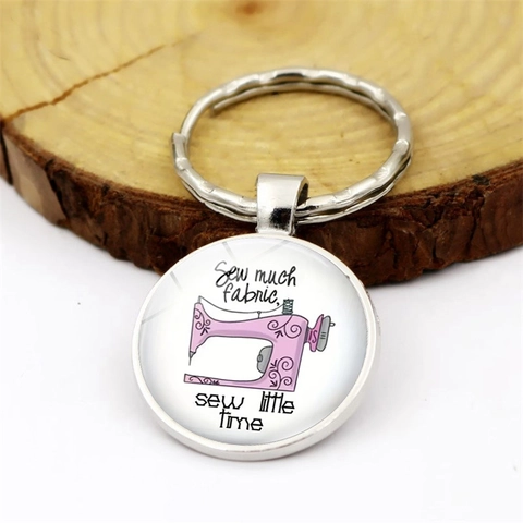 Llavero de Gema de Vidrio Redondo con Patrón de Máquina de Coser Rosa Retro para Mujer Colgante de Aleación de Zinc Regalo