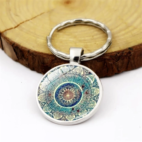 Mandala Pattern Keychain Glass Alloy Ethnic Geometric Flower Pendant Key Ring For Backpack Decoration Women Gift