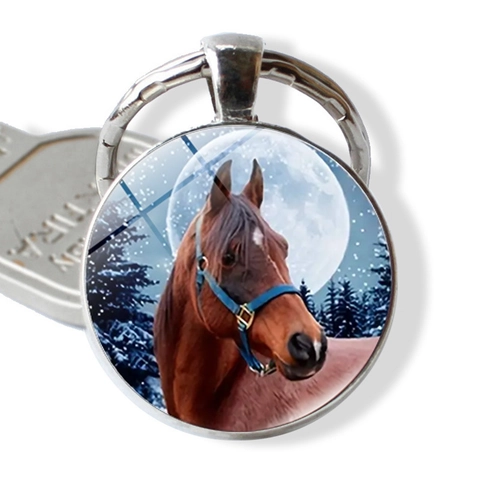 Llavero de Gema de Vidrio de Caballo Redondo Aleación de Zinc Plata Anillo de Llave Foto de Arte Colgante de Bolsa Luna Bosque Regalo Amante Animales