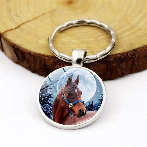Llavero de Gema de Vidrio de Caballo Redondo Aleación de Zinc Plata Anillo de Llave Foto de Arte Colgante de Bolsa Luna Bosque Regalo Amante Animales