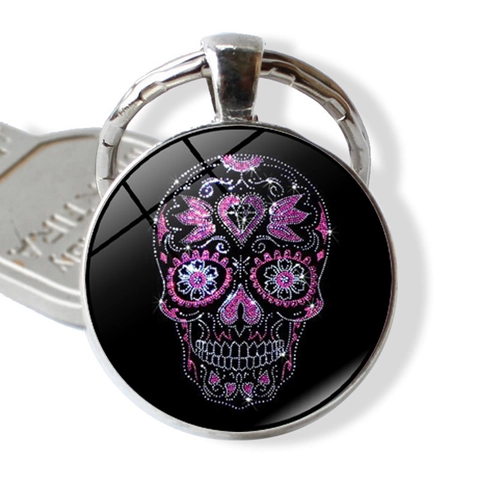Portachiavi Calavera in Lega di Zinco Vintage Con Cabochon in Vetro Teschio a Fiori Rosa Viola Portachiavi Per Regalo