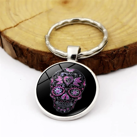 Portachiavi Calavera in Lega di Zinco Vintage Con Cabochon in Vetro Teschio a Fiori Rosa Viola Portachiavi Per Regalo