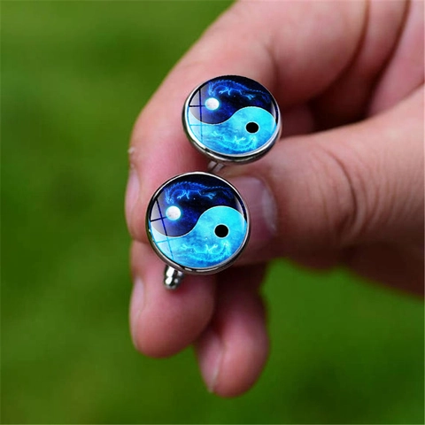Gemelli da Uomo in Lega d'Argento Yin Yang Tai Chi Con Cabochon in Vetro Motivo a Drago Rotondi Per Matrimonio Business