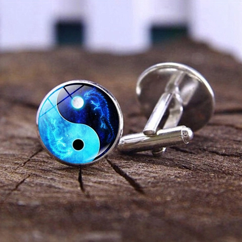 Gemelli da Uomo in Lega d'Argento Yin Yang Tai Chi Con Cabochon in Vetro Motivo a Drago Rotondi Per Matrimonio Business
