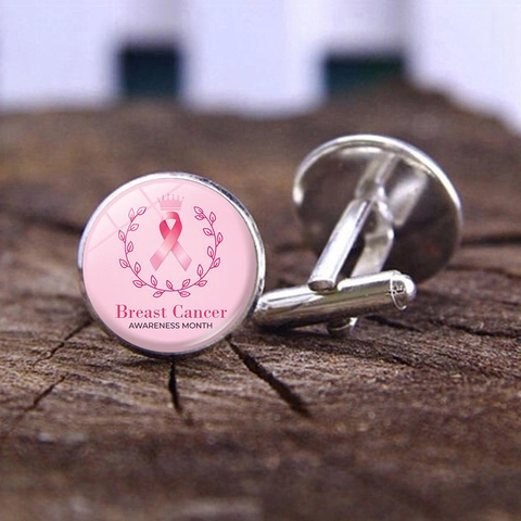 Gemelli Tondi in Lega e Vetro con Fiocco Rosa per il Mese della Prevenzione del Tumore al Seno per Uomo e Donna Regalo Gioielli