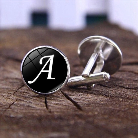 Klassische Herren Legierung Runde Alphabet Buchstaben Manschettenknöpfe Elegante Business Hochzeit Hemd Schmuck Silber Schwarz