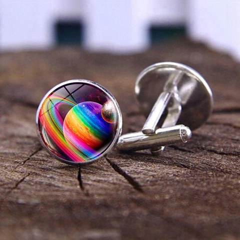 Universe Galaxy Nebula Earth Time Gem Cufflinks For Men Fashion Alloy Glass Silver Shirt Cuff Links Wedding Business Jewelry