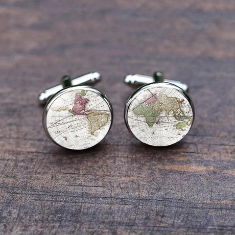 Vintage World Map Earth Cufflinks Alloy Glass Shirt Cuff Links Men Business Wedding Jewelry Accessories Gift For Gentlemen