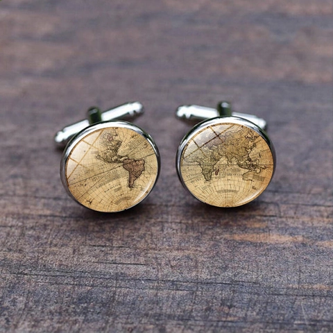 Vintage World Map Earth Cufflinks Alloy Glass Shirt Cuff Links Men Business Wedding Jewelry Accessories Gift For Gentlemen