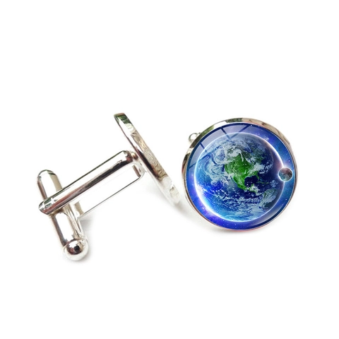 Universe Galaxy Nebula Earth Time Gem Cufflinks For Men Fashion Alloy Glass Silver Shirt Cuff Links Wedding Business Jewelry