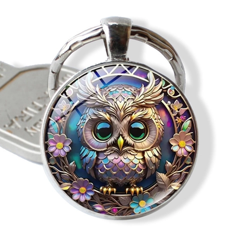 Vintage Zinklegierung Eule Illustration Schlüsselanhänger Rund Glas Cabochon Anhänger Schlüsselring Tasche Charme Schmuck Unisex