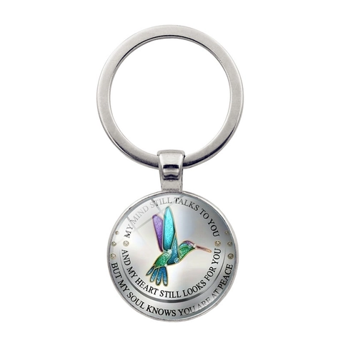 Memorial Hummingbird Keychain Metal Glass Dome Pendant My Mind Still Talks To You Inspirational Gift Keyring