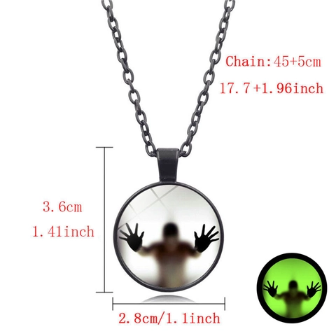 Vintage Glow In The Dark Halloween Necklace Alloy Glass Spooky Silhouette Round Pendant Luminous Rhinestone Sweater Chain For Unisex Party