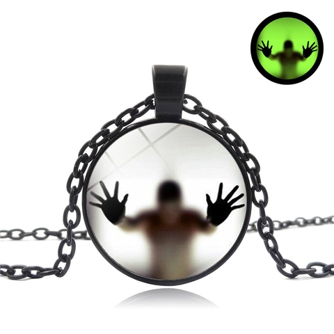 Vintage Glow In The Dark Halloween Necklace Alloy Glass Spooky Silhouette Round Pendant Luminous Rhinestone Sweater Chain For Unisex Party