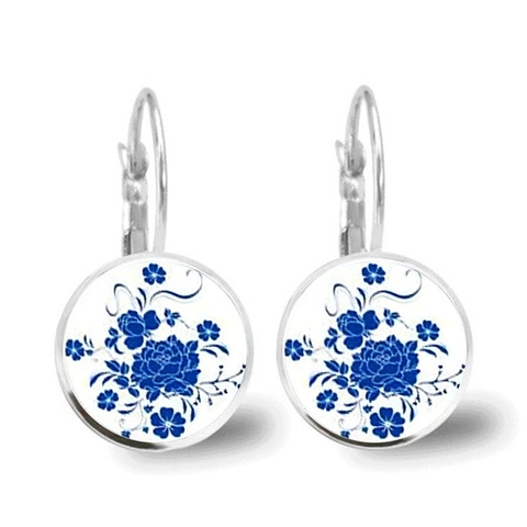 Orecchini Pendenti in Lega di Vetro Vintage con Motivo Floreale Stile Porcellana Bianca e Blu Monachella per Donna Gioielli