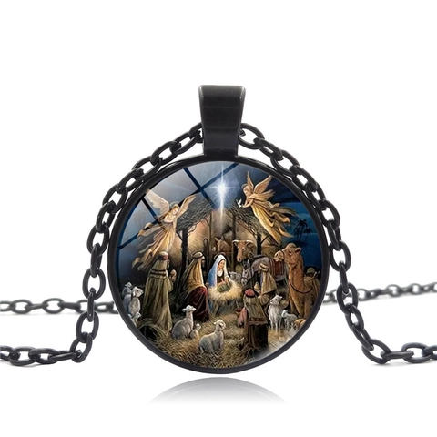 Collier Pendentif Gemme de Temps Religieux Scène de la Nativité Jésus Vintage Alliage Verre Bijoux de Noël Cadeau Femme Homme