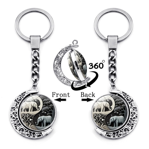 Portachiavi a Luna Rotante in Lega di Zinco Elefante Yin Yang Cabochon in Vetro Retrò Argento Girevole per Donna Regalo