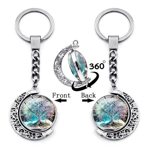 Portachiavi Rotante Luna Albero Della Vita in Lega di Zinco Vintage Portachiavi in Metallo Cavo a Doppia Faccia Decorazione Borsa