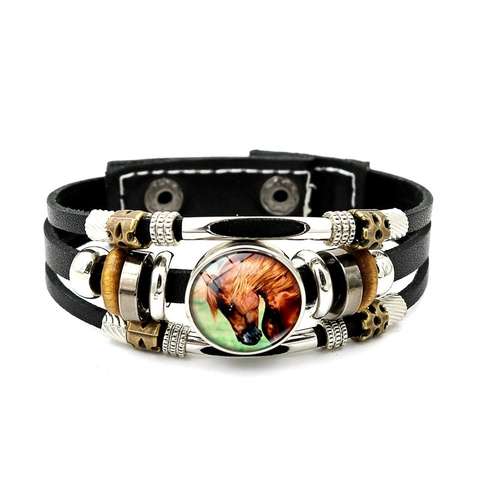 Bracciale Multistrato in Ecopelle Punk Vintage per Uomo Donna Fatto a Mano in Lega Vetro Motivo Testa di Cavallo Bracciale Avvolgente