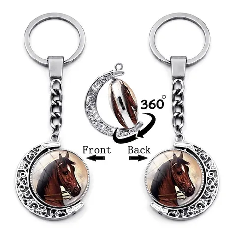 Porte-clés Lune Rotatif Vintage Alliage de Zinc Verre Cabochon Cheval Licorne Pendentif Double Face Anneau de Clé Métallique