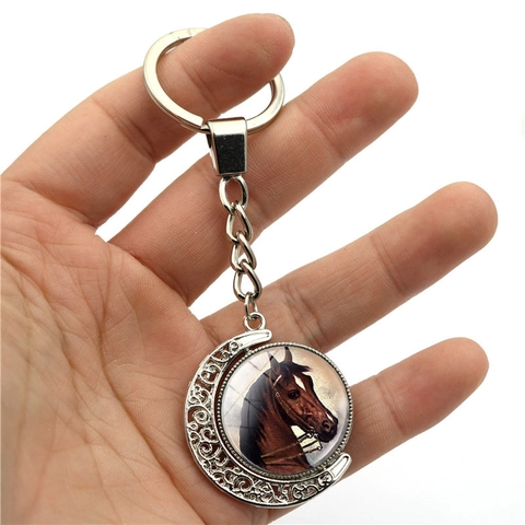 Porte-clés Lune Rotatif Vintage Alliage de Zinc Verre Cabochon Cheval Licorne Pendentif Double Face Anneau de Clé Métallique